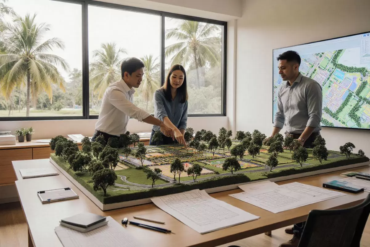 Landowners and planners reviewing a master planned site model in a Philippine architectural studio with wide canopy trees.