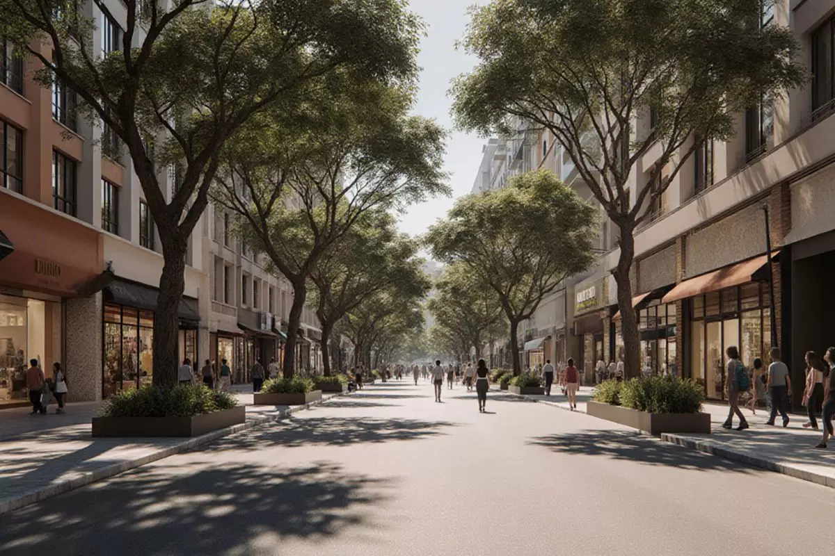 Street-level view of a Philippine mixed use district with wide canopy trees and organized pedestrian areas.