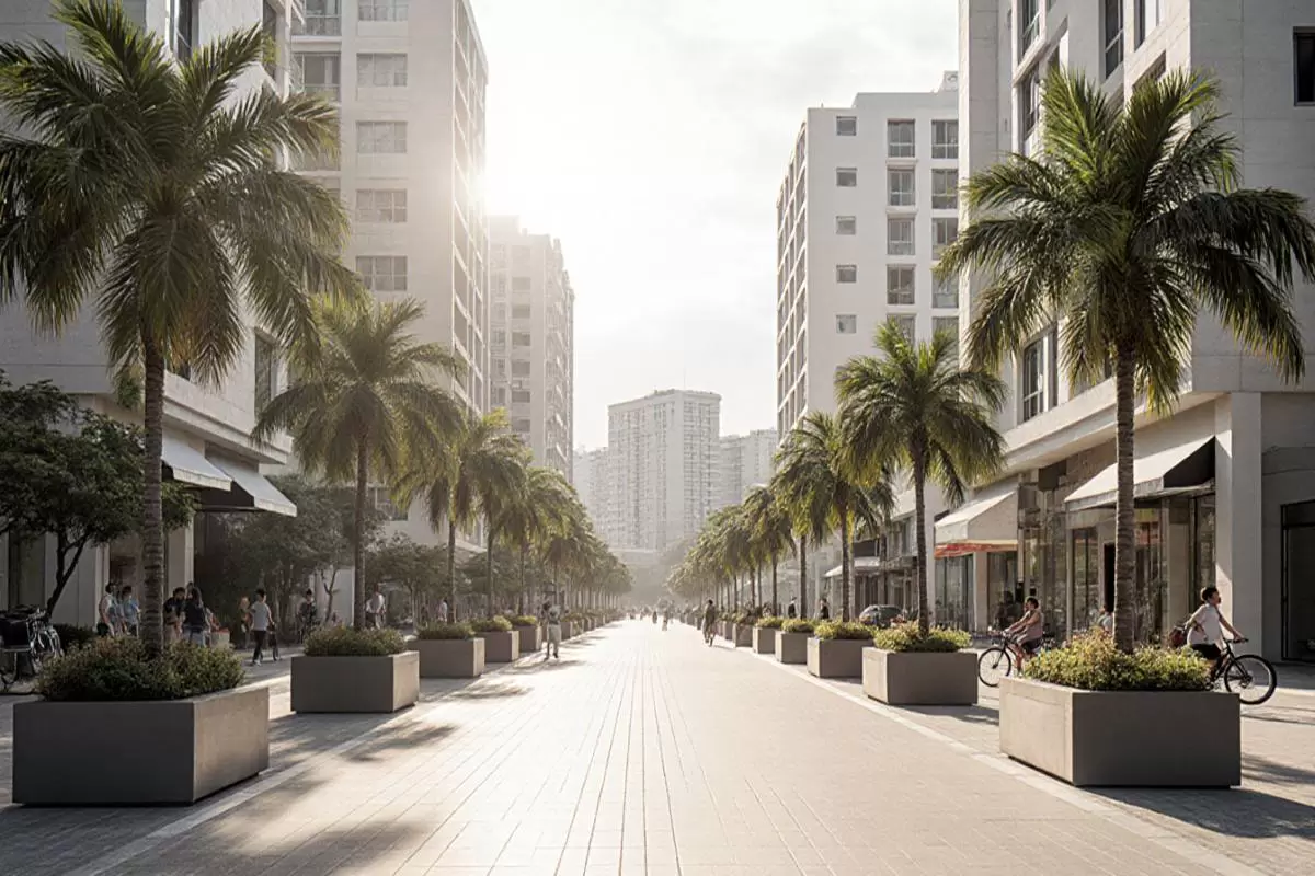 Pedestrian friendly boulevard within a developing Philippine mixed use district with tropical trees and organized frontage.