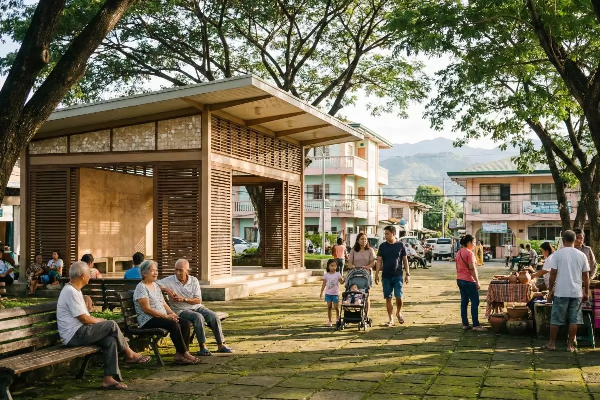 Filipino community plaza with wide canopy narra and acacia trees, a contemporary pavilion, and people gathering in a culturally expressive space.