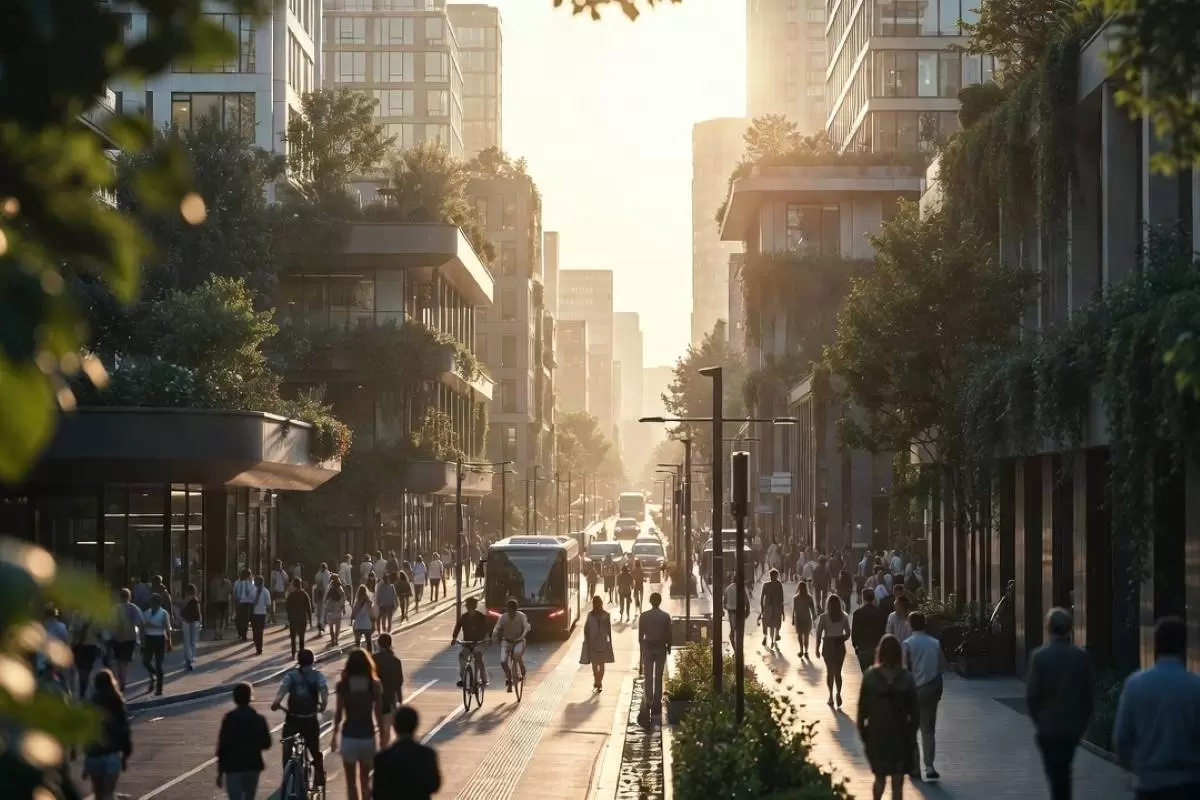 Bustling smart city avenue at golden hour with green roofs, subtle sensors, and smooth pedestrian flow, revealing the hidden architects of smart cities