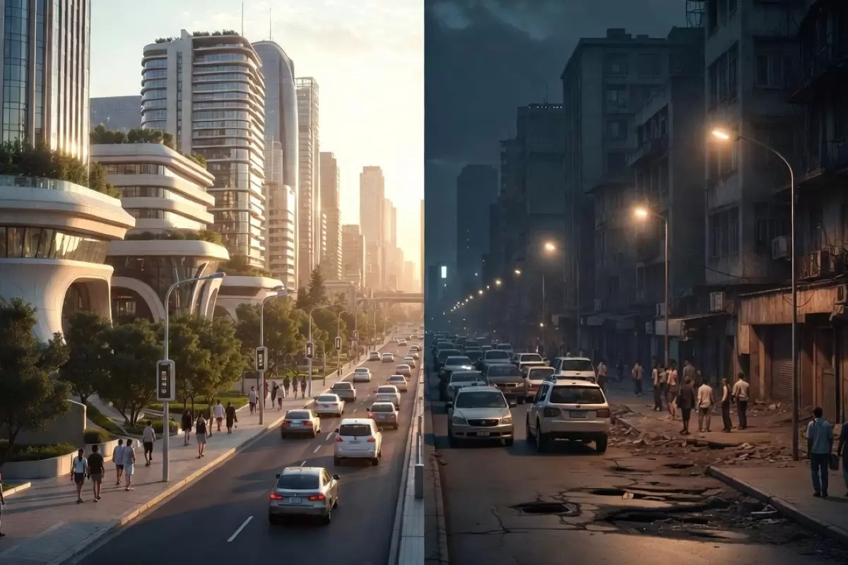 Split-view of smart city inequality: affluent green district vs neglected neighborhood, highlighting blind spots of hidden architects