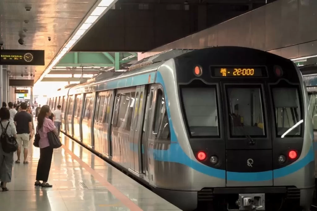 Singapore MRT train arriving precisely on time at platform, digital clock matching schedule, showcasing hidden architects of smart cities in action