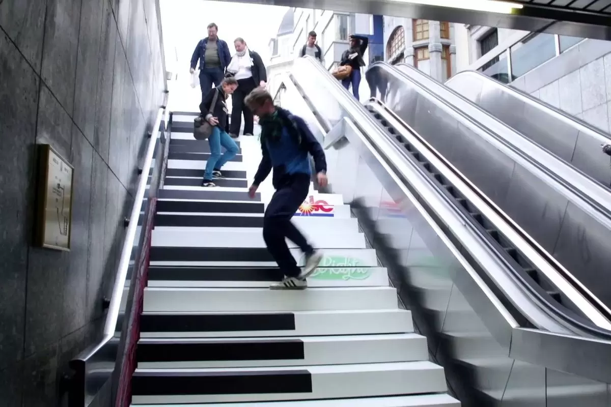 Stockholm Odenplan piano stairs interactive keyboard design encouraging stair use, example of hidden architects behavioral nudge.