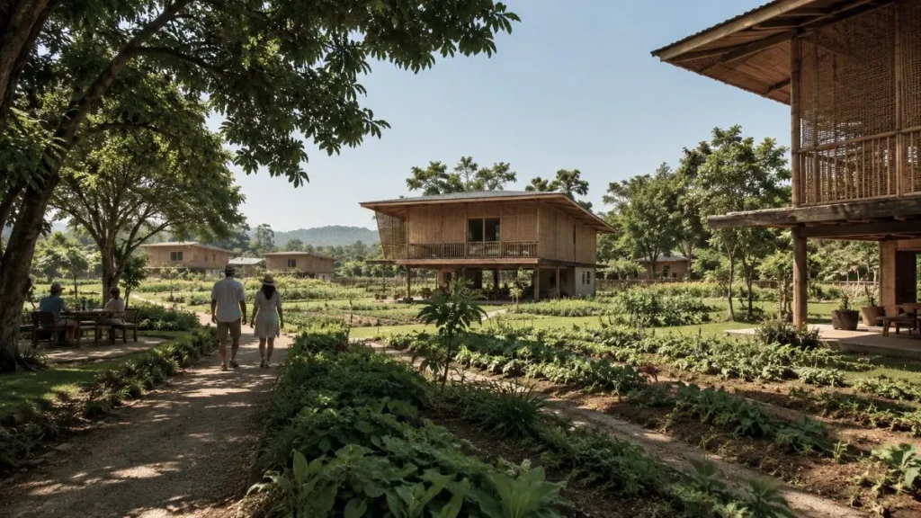 A premium agri-leisure farm estate with an elevated modern Filipino villa on stilts, productive farm gardens, and shaded seating under trees