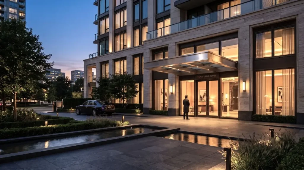 Eye-level view of an elite branded residence at twilight with warm lit interiors, stone and bronze detailing, and a landscaped arrival court