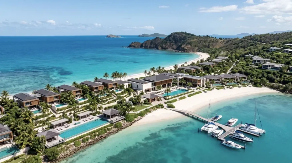 Aerial view of a coastal leisure estate along a curving white sand shoreline with turquoise water, infinity pools, open-air pavilions, and distant islands