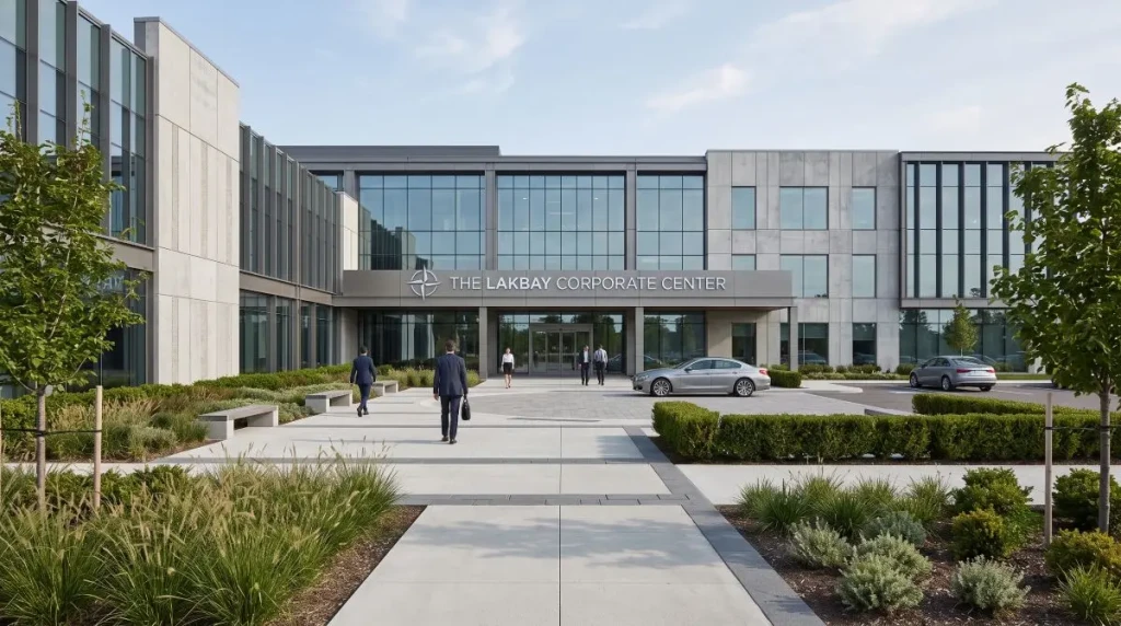 A modern commercial and institutional estate with an ordered glass and concrete facade, signage band, landscaped forecourt, and business visitors