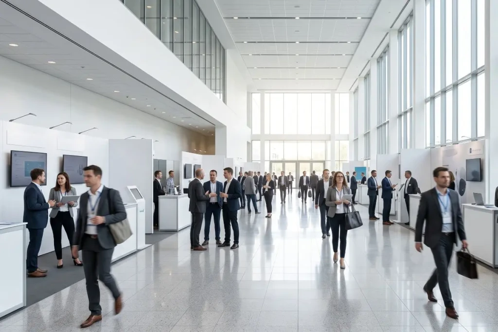 A busy exhibition hall filled with diverse booths, digital displays, and people engaged in business and cultural exchange, showcasing a dynamic architectural space designed to support regional events and international gatherings.