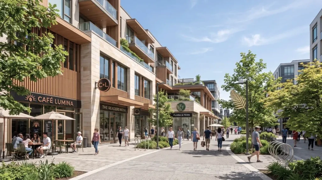 A mixed-use development plaza with ground-floor retail, residential levels above, and people gathering in a landscaped public space