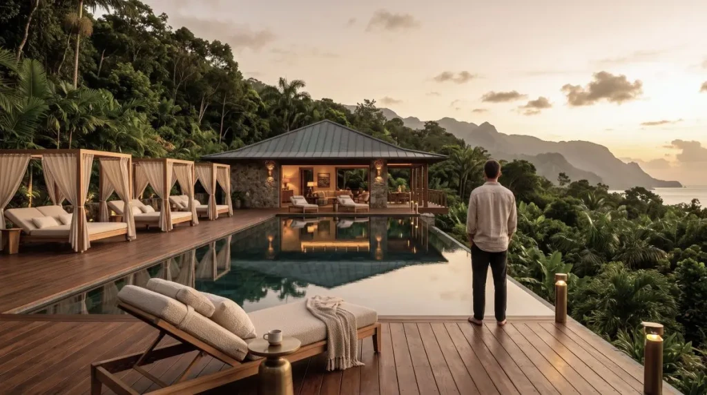 Eye-level view of a luxury eco-wellness resort pavilion with timber, stone, and an infinity pool set in tropical landscape