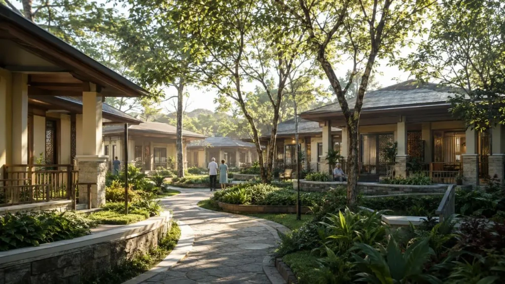 Eye-level view of a senior living community garden courtyard with a low-rise residence, shaded verandas, accessible pathways, and calm landscaped gardens