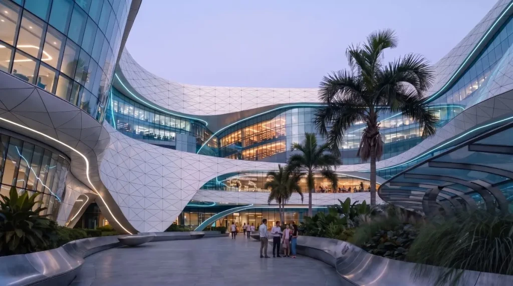 Eye-level view of a futuristic smart technology hub with fluid parametric architecture, LED accent lighting, and a public plaza at dusk in a tropical setting
