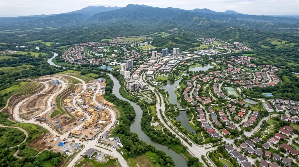 Aerial view of a master-planned township showing phased residential neighborhoods, a central commercial core, tree-lined roads, and open green space.