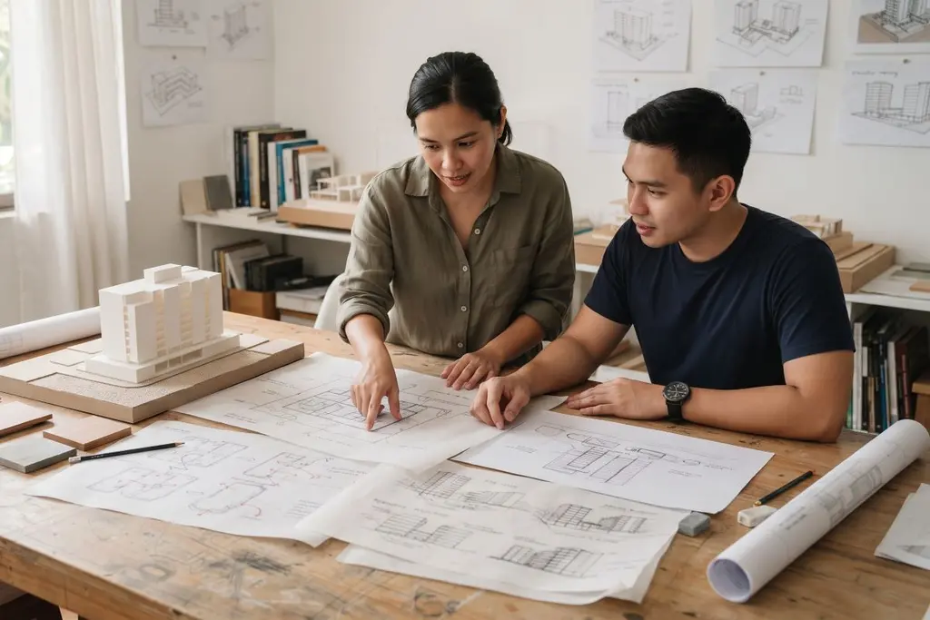 Two architects examine an early residential building model and preliminary site drawings on a studio worktable.