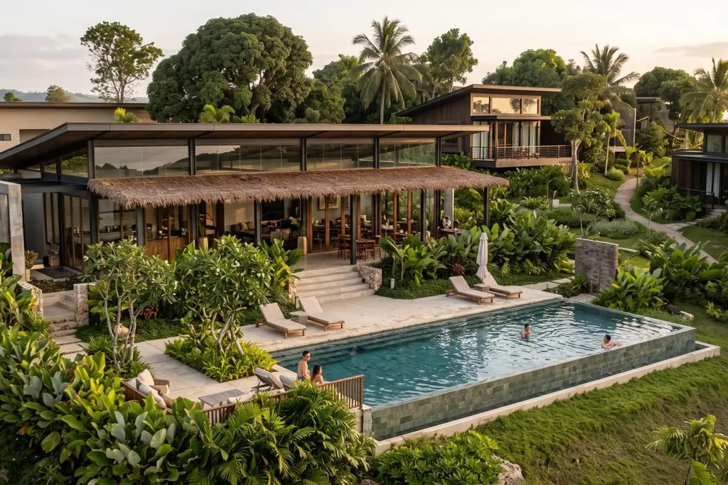 Elevated view of a conceptual tropical resort showing guest villas, a central hospitality building, recreational facilities, landscaped pathways, and service areas.