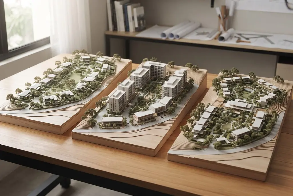 Three architectural site models compare residential, mixed-use, and hospitality development concepts for the same tropical property.