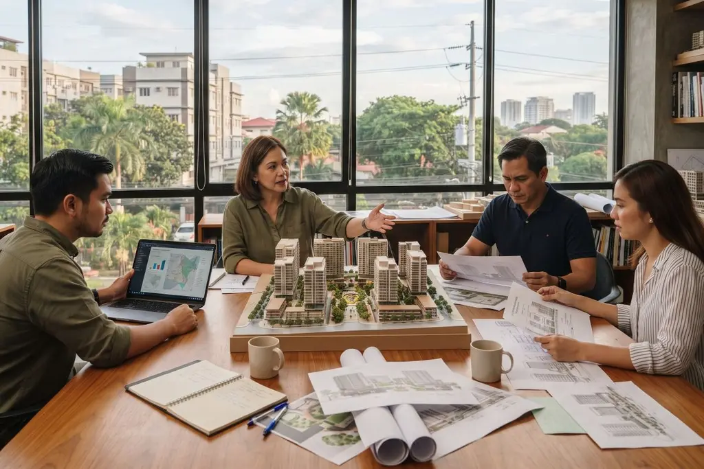 Four development professionals review a preliminary mixed-use master plan model and supporting site studies in an architectural studio.